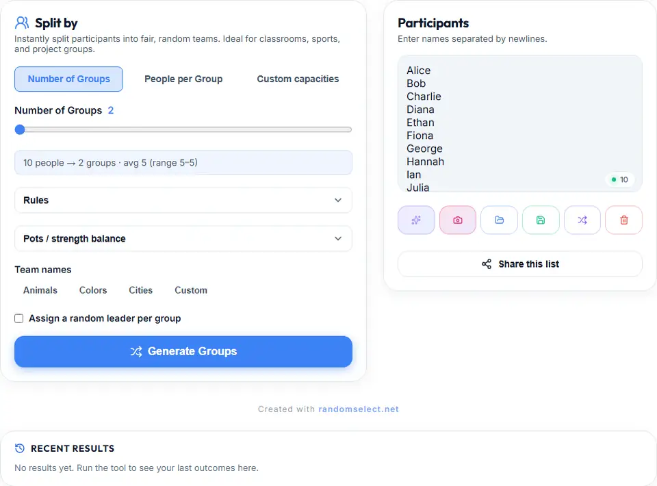The Group Maker interface with split mode tabs and group count slider