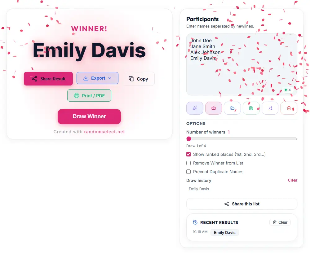 The Lucky Draw result panel showing the winner with the participant list still visible