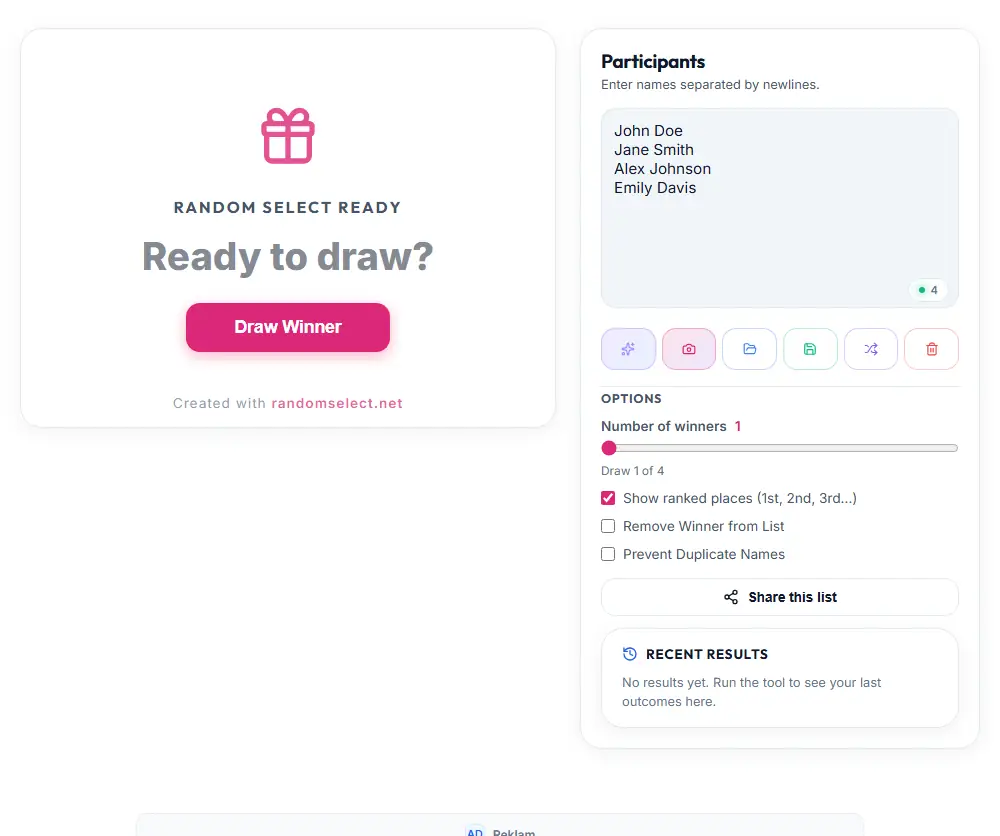 L’interface du Tirage au Sort avec la liste complète des participants chargée