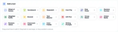 The Random Board toolbar with all sixteen tools available to add as cards