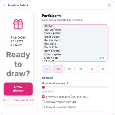 The Random Select card with eighteen student names pasted into the participants box