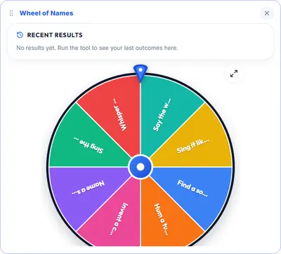 The Wheel of Names card showing eight colour-coded action slices