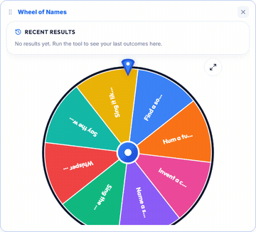 The Wheel of Names card spinning through its eight action slices