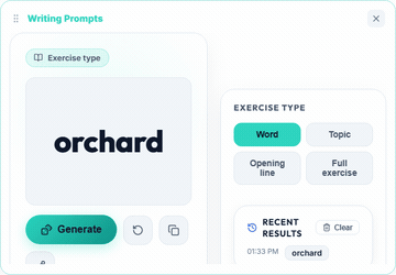 The Writing Prompts card generating a random word in Word mode
